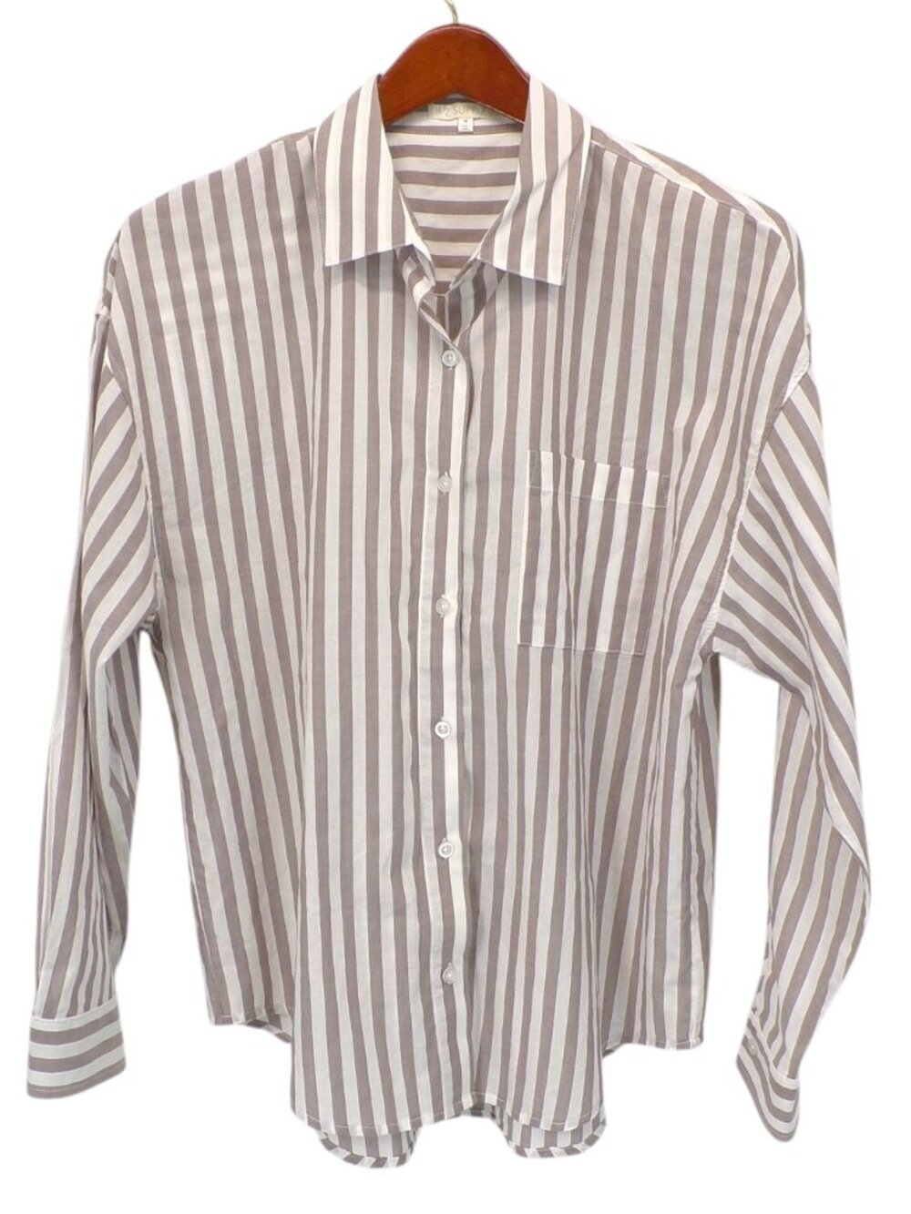 Z Supply Button Long Sleeve Top Brown White Stripe 100% Cotton Size M
